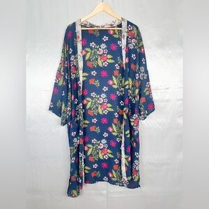 Time and Tru Floral Kimono Robe - Navy and Pink